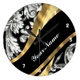 Grande Horloge Ronde Damas florales noir et blanc