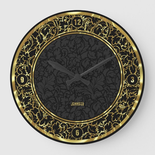 Grande Horloge Ronde Damas Florales Noir Et Métallique (Recto)