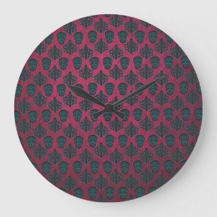 Grande Horloge Ronde Damas turquoises Et Crânes Sur Texturé Hot Rose