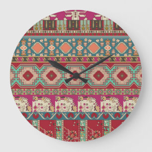 Grande Horloge Ronde Damask Floral Géométrique Coloré Patchwork