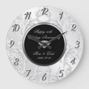 Grande Horloge Ronde Damassé diamant argenté 50e anniversaire de mariag