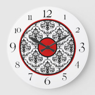 Grande Horloge Ronde Damassé noire et blanche rouge 10,75" élégant