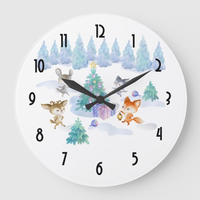 Grande Horloge Ronde Danse Animaux de forêt Noël Aquarelle (Recto)