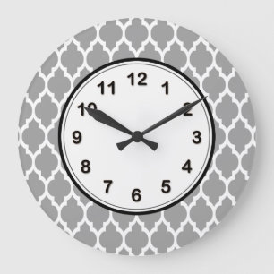 Grande Horloge Ronde Dark Gray White Moroccan Quatrefoil Pattern #4