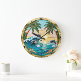 Grande Horloge Ronde Dauphins Sauter les vagues océaniques Coucher du s