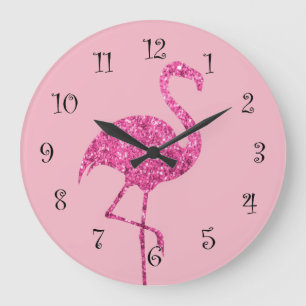 Grande Horloge Ronde Décor De Flamant rose Rose Glitzy