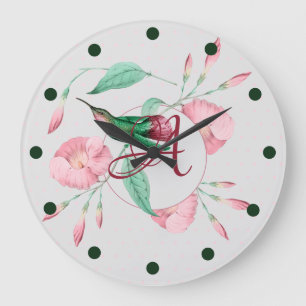 Grande Horloge Ronde Décor floral de colibri à monogramme rose menthe
