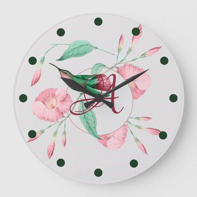 Grande Horloge Ronde Décor floral de colibri à monogramme rose menthe (Recto)
