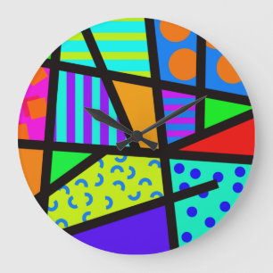 Grande Horloge Ronde Décor géométrique coloré des années 80 Memphi