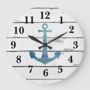 Grande Horloge Ronde Décor rustique Ancre bleu marine