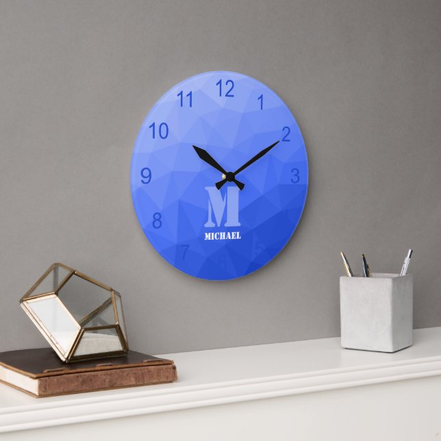 Grande Horloge Ronde Dégradé bleu foncé Monogramme Motif de maillage gé (Bureau)