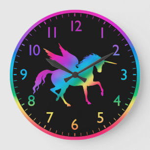 Grande Horloge Ronde Dégradé de licorne arc-en-ciel pour enfants en sil