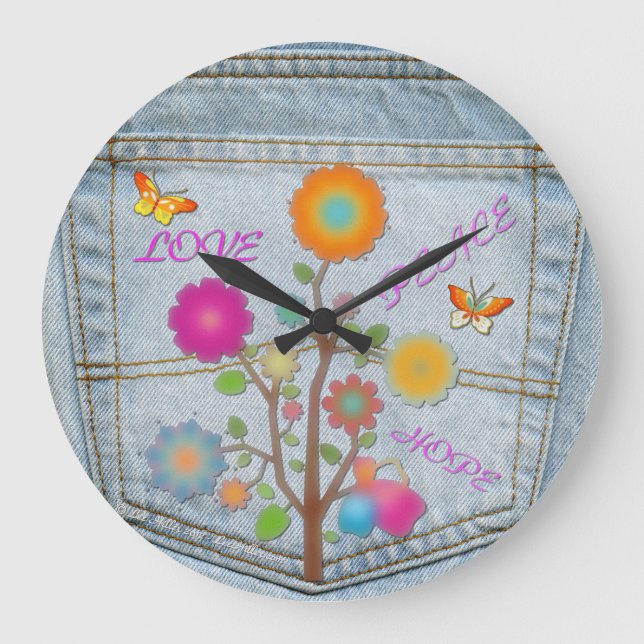 Grande Horloge Ronde Denim Back Fleurs de poche Paix Aimer Espoir (Recto)
