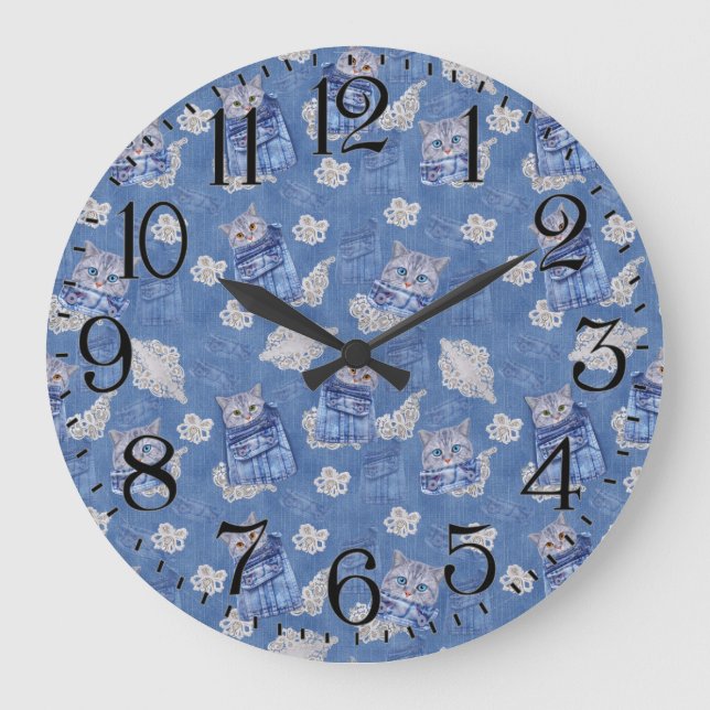 Grande Horloge Ronde Denim Jean poches, chatons et dentelle (Recto)