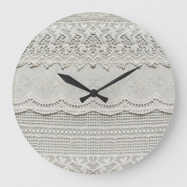 Grande Horloge Ronde Dentelle blanche subtile, gros plan textile. (Recto)