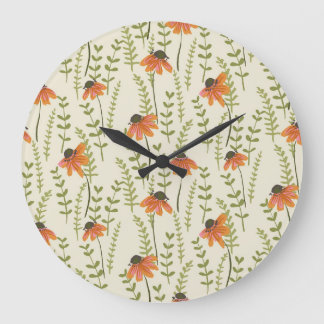 Grande Horloge Ronde Des fougères vertes, des fleurs oranges, de la nat