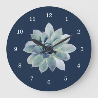 Grande Horloge Ronde Désert Botanique Succulent Élégant Marine Bleu