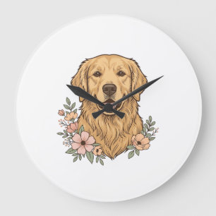 Grande Horloge Ronde Design de gravure vintage floral Golden Retriever_
