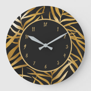 Grande Horloge Ronde Design Élégant Chic Feuilles Pailletées Noir Or