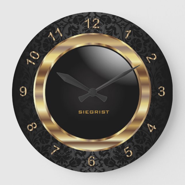 Grande Horloge Ronde Design élégant en damas noir (Recto)