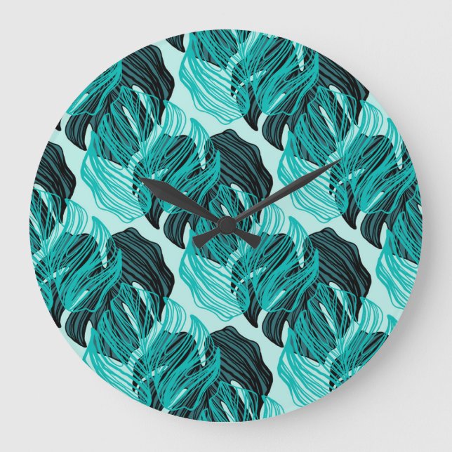 Grande Horloge Ronde Design feuille de palmiers tropicaux vert. (Recto)