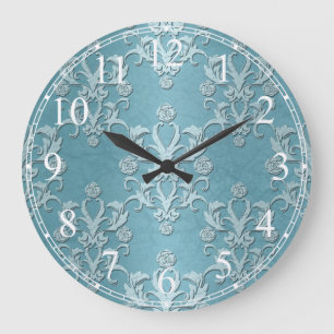 Grande Horloge Ronde Design floral damassé sarcelle argenté