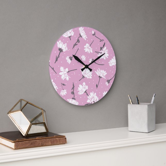 Grande Horloge Ronde Design Floral Rose - Art Fleur Élégant (Bureau)