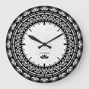 Grande Horloge Ronde Design Floral Vintage Blanc Et Noir