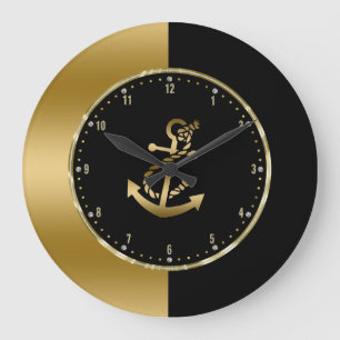 Grande Horloge Ronde Design géométrique noir et or avec Ancre de bateau