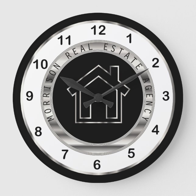 Grande Horloge Ronde Design immobilier en argent, blanc et noir (Recto)