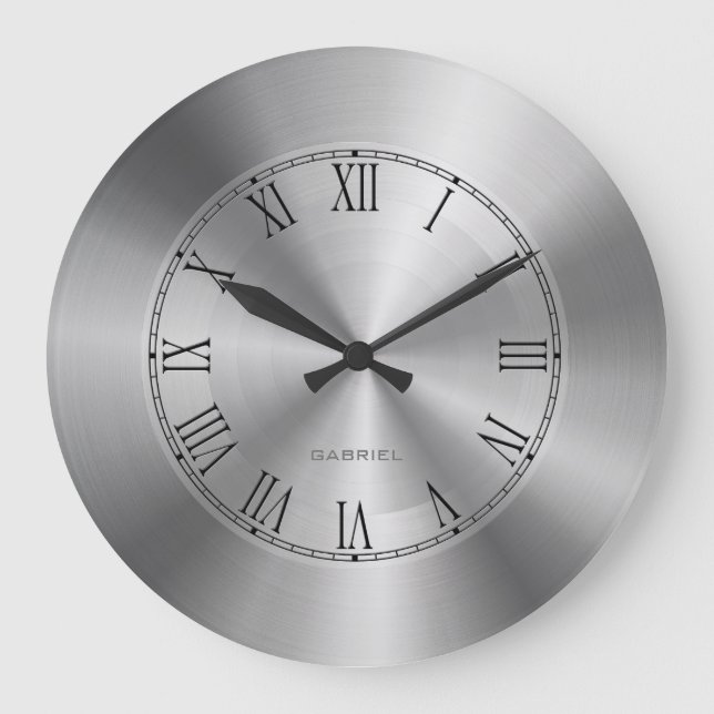 Grande Horloge Ronde Design métallique gris argent en acier inoxydable  (Recto)