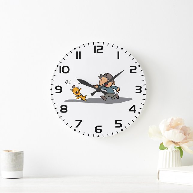 Grande Horloge Ronde Dessin amusant garçon et chien Jouer aller cherche (Créateur téléchargé)