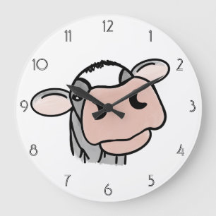 Grande Horloge Ronde dessin animé vache noir blanc rose baiser gris ani