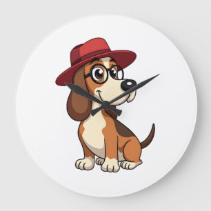 Grande Horloge Ronde Dessin animé vintage Basset Hound au chapeau rouge