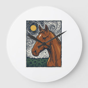 Grande Horloge Ronde Dessin artistique de cheval gravé vintage nuit éto