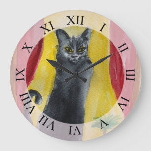 Grande Horloge Ronde Dessin de chat noir