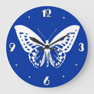 Grande Horloge Ronde Dessin de papillon, bleu cobalt et blanc