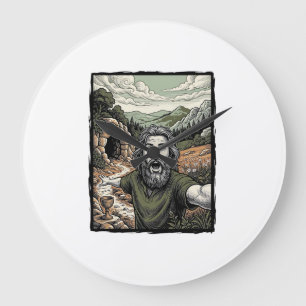 Grande Horloge Ronde Dessin de portrait barbu surpris de gravure vintag