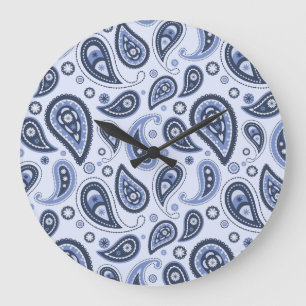 Grande Horloge Ronde Dessin imprimé paisley floral bleu complexe