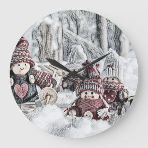 Grande Horloge Ronde Dessin vintage de Gnomes dans la neige