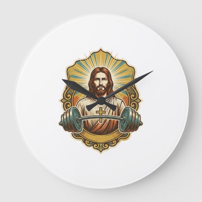 Grande Horloge Ronde Déterminé Jésus Haltère en Fer Lourd Powerlifting  (Recto)