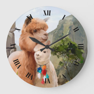 Grande Horloge Ronde Deux alpacas moelleux sur l'arrière - plan du lac