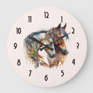 Grande Horloge Ronde Deux beaux chevaux Boho occidental