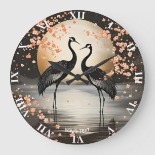 Grande Horloge Ronde Deux grues noires Fantasy Mignonnes