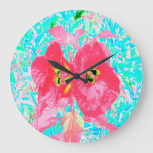 Grande Horloge Ronde Deux Hibiscus Crazy Corail Rouge Rosé sur Aqua