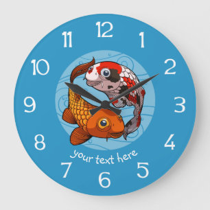 Grande Horloge Ronde Deux Koi Carp Poisson Amis Nage Carton