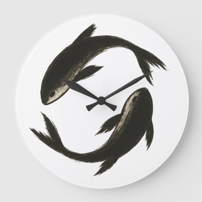 Grande Horloge Ronde Deux Koi - Poisson en pinceau d'encre (Recto)