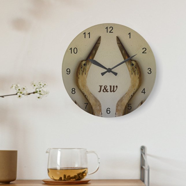 Grande Horloge Ronde Deux Patinés Herons Rustic Coastal paroi acrylique (Créateur téléchargé)