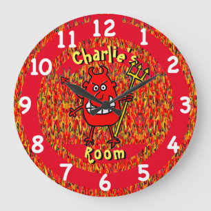 Grande Horloge Ronde Diable en enfer avec flammes. Ajoutez Nom Choix.