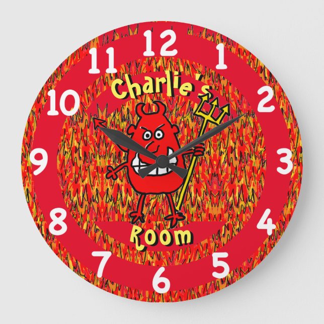 Grande Horloge Ronde Diable en enfer avec flammes. Ajoutez Nom Choix. (Recto)
